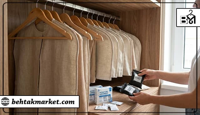 نگهداری از کاپشن‌ها در کاور پارچه‌ای و اویز چوبی در کمد