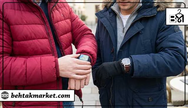 ساعت بند چرمی با پارکا و ساعت هوشمند با بند پلاستیکی برای کاپشن پفی
