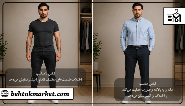 یک مرد با فرم بدن مثلثی با دو لباس متفاوت