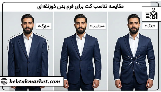 مقایسه کت مناسب و نامناسب برای فرم بدن ذوزنقه‌ای
