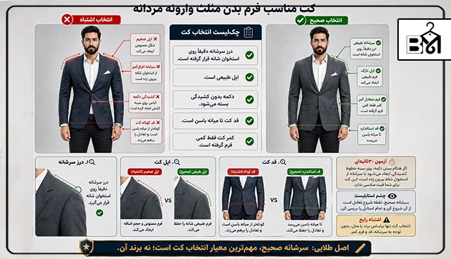 راهنمای انتخاب کت مناسب برای فرم بدن مثلث وارونه مردانه با مقایسه سرشانه صحیح و نادرست