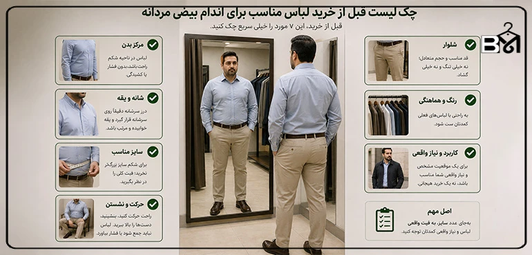 چک‌لیست تصویری قبل از خرید لباس برای فرم بدن بیضی مردانه