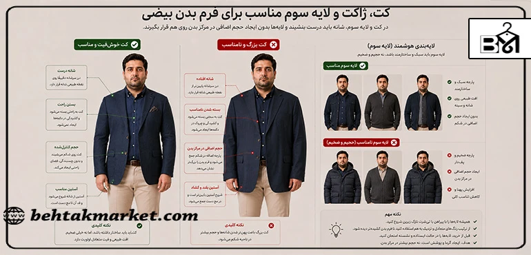 مقایسه کت خوش فیت مناسب و لباس لایه سوم حجیم برای فرم بدن بیضی