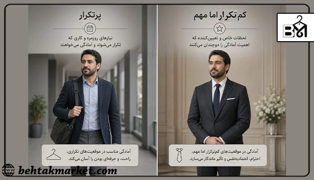 مقایسه تکرار و اهمیت موقعیت‌ها در انتخاب لباس مردانه