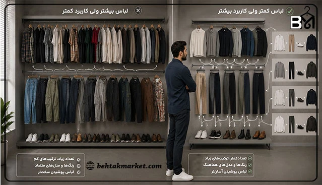 مقایسه کمد پر از لباس با کمد با قابلیت ترکیب بیشتر لباسها با هم