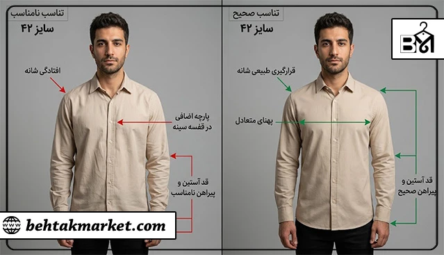 مقایسه لباس با سایز درست اما فیت نامناسب و لباس خوش‌فیت مردانه