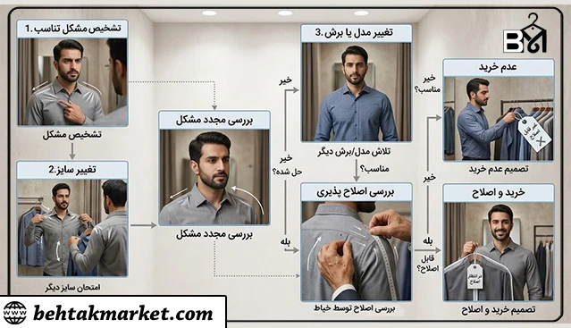 نمودار تصمیم‌گیری برای تشخیص مشکل سایز یا مدل لباس مردانه