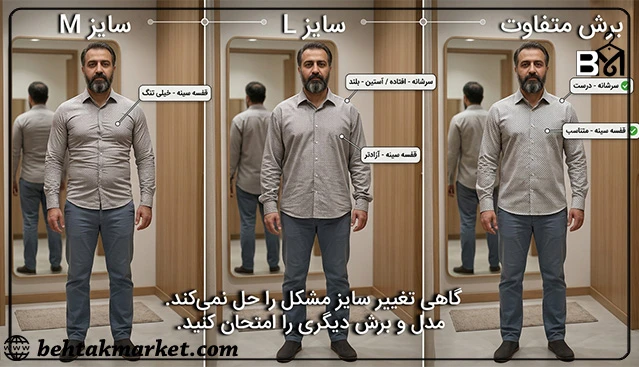 مثال تغییر سایز و باقی ماندن مشکل فیت لباس مردانه