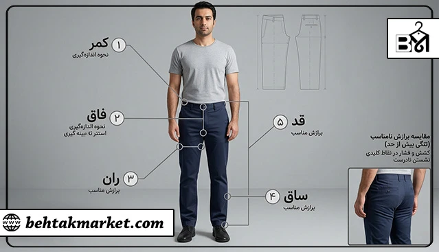 نحوه بررسی فیت شلوار مردانه از کمر تا قد