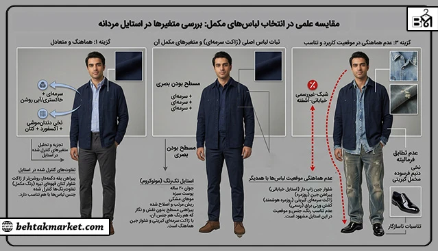 مقایسه انتخاب لباس مکمل هماهنگ، بیش‌ازحد مشابه و نامتناسب