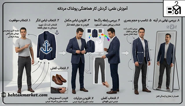 مراحل ساخت یک استایل مردانه هماهنگ از انتخاب لباس اصلی تا بررسی نهایی